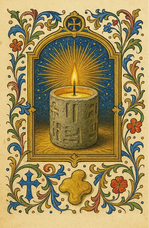 Decorative illustration of a candle with floral and geometric designs