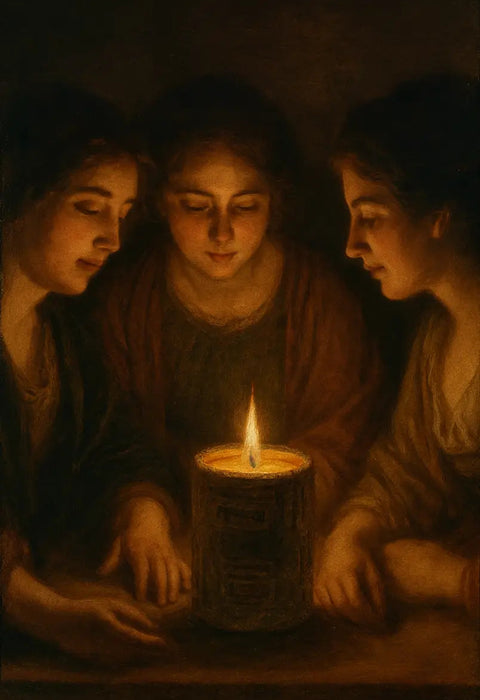 Three women gathered around the matthew bowers concrete artifact candle candle in a dimly lit setting