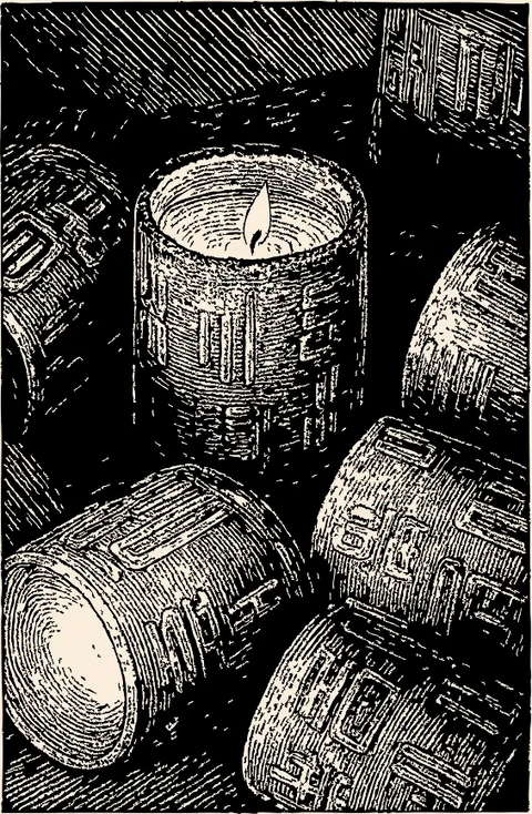 Black and white illustration of matthew bowers concrete artifact candles with a lit candle in the middle